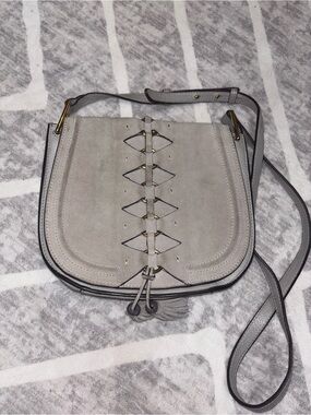 Vince Camuto Light Gray Suede Crossbody Saddle Bag with Braided Detail